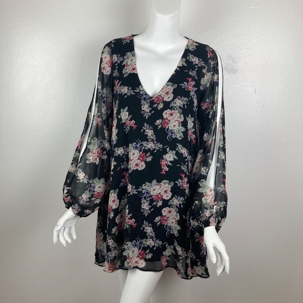 Cotton Candy Dress Size SMALL black Floral Split Long Sleeves open back